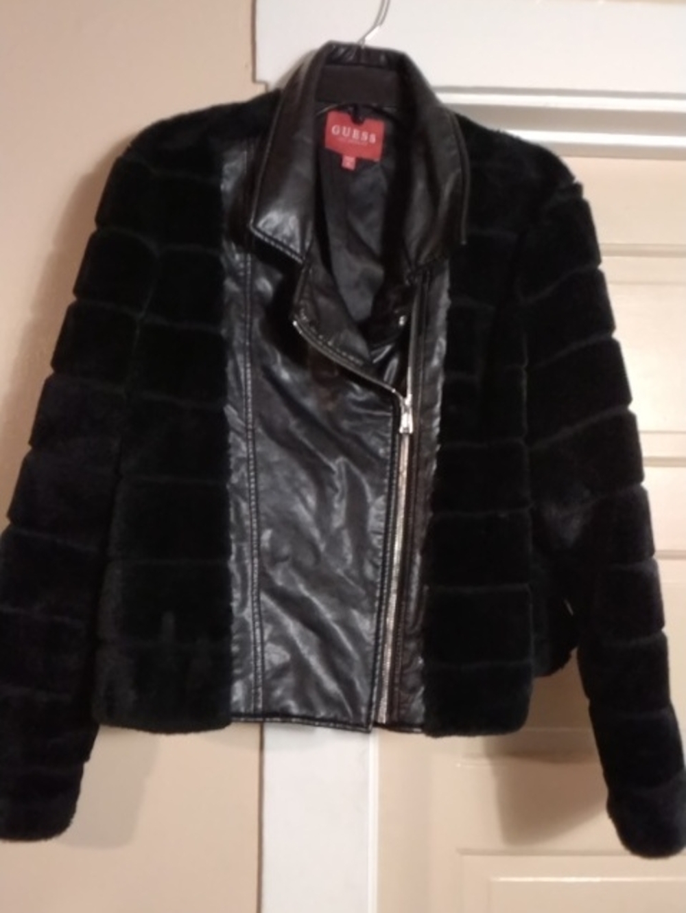 GUESS Black Faux Fur and Leather-Trim Moto Jacket